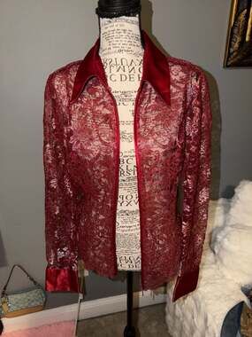 Caché Vintage Burgundy Lace Long Sleeve Blouse with Satin Collar and Cuffs
